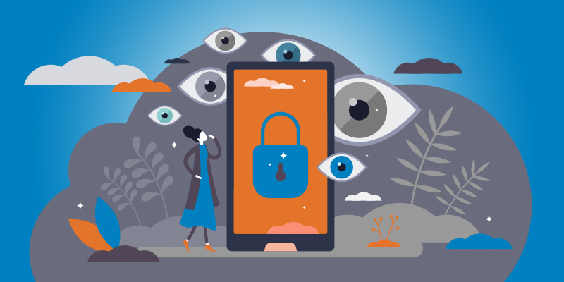 Illustration with a lock on a smartphone with eyes all around