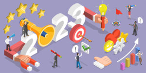 Illustration with 2023 among marketing and social media themed figures