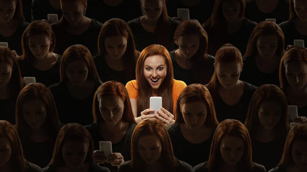 digital expert on a smartphone in a crowded space