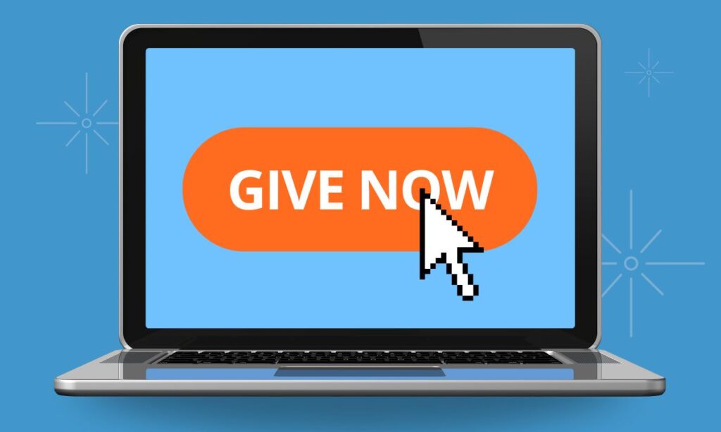 laptop showing a cursor hovering over a bright orange button reading give now