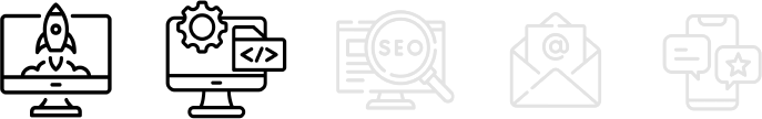 Website, development, SEO, email, and social media icons. The SEO, email, and social media icons are grayed out.