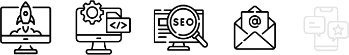 Website, development, SEO, email, and social media icons. The social media icon is grayed out.