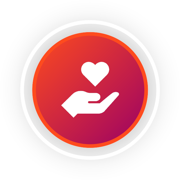 a bright red circle with a heart in hand icon