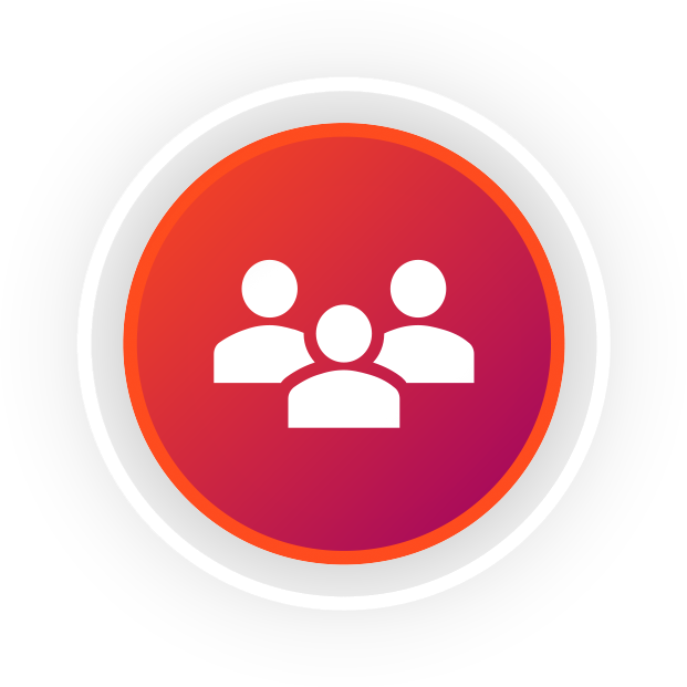 a bright red circle with an icon of three team member figures