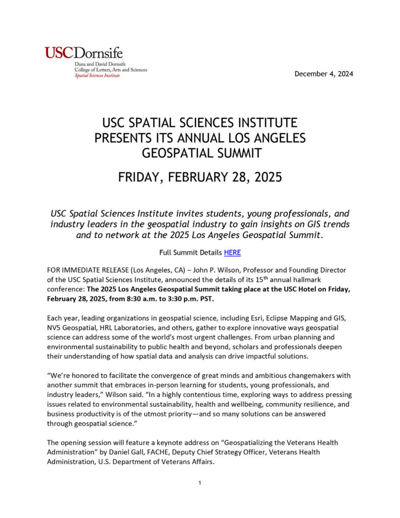 Press release for USC Spatial Sciences Institute Geospatial Summit