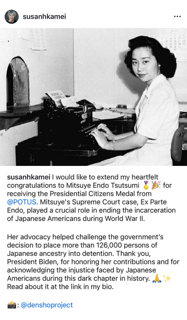 Instagram post thanking Mitsuye Endo Tsutsumi for her work challenging the government's decision to place persons of Japanese ancestry into detention.
