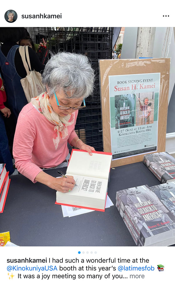 Instagram post showing Susan Kamei at a book signing