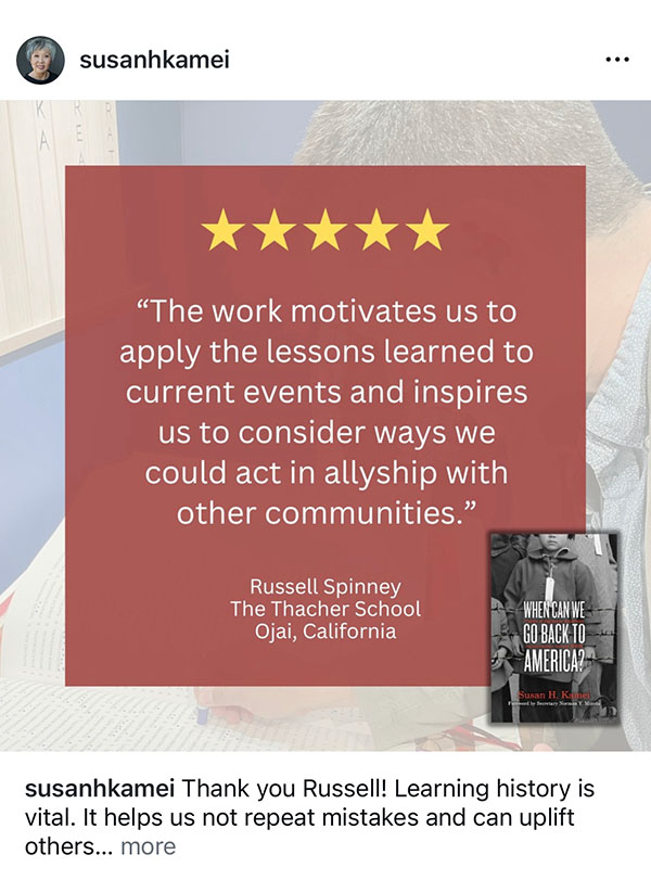 Instagram post from a book review reading "The work motivates us to apply the lessons learned to current events..."