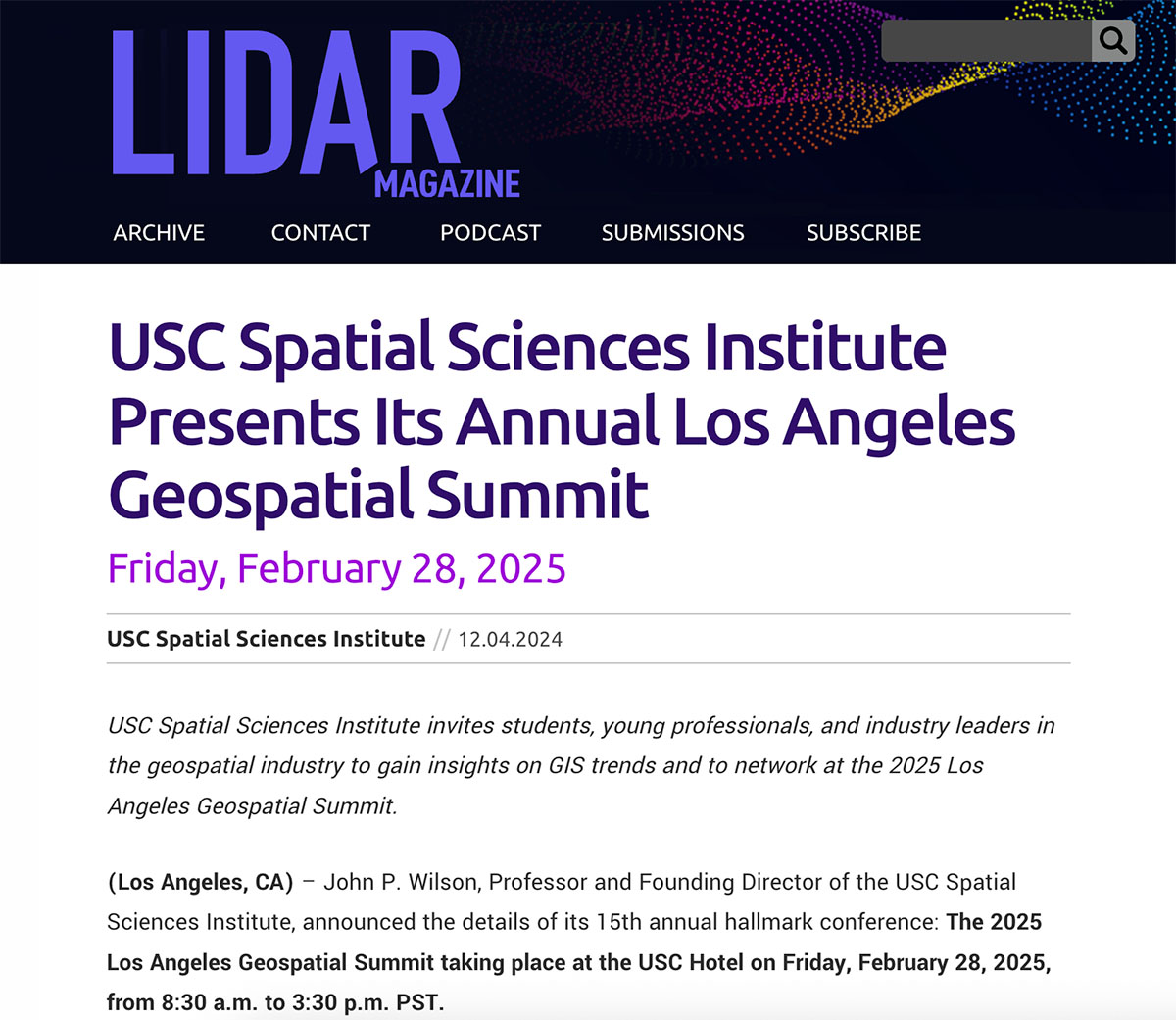 Press pickup for USC Spatial Sciences Institute Geospatial Summit